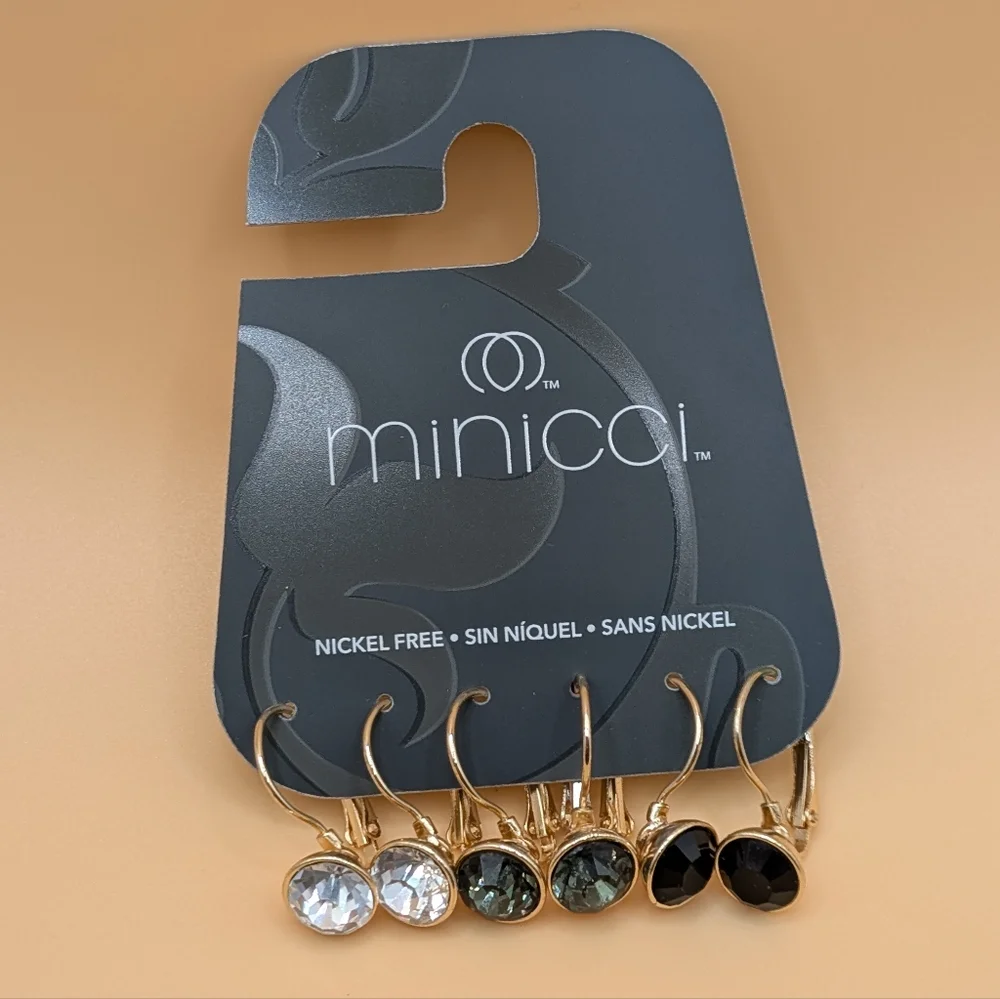 Minicci 3 Pairs of Gold-tone Leverback Earrings Black, Green & Clear Crystal NWT